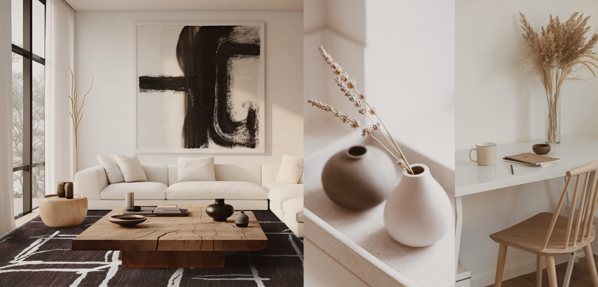 Moderne stue med sort-hvidt tæppe, ved siden af detaljebillede af keramikvaser med tørrede blomster.